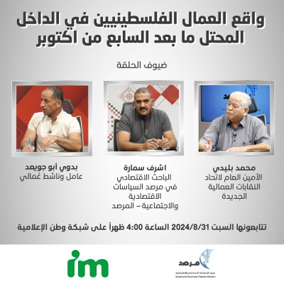 حلقة جديدة ينتجها مرصد السياسات الاقتصادية والاجتماعية  تناقش واقع العمال الفلسطينيين في الداخل المحتل ما بعد السابع من اكتوبر - برومو